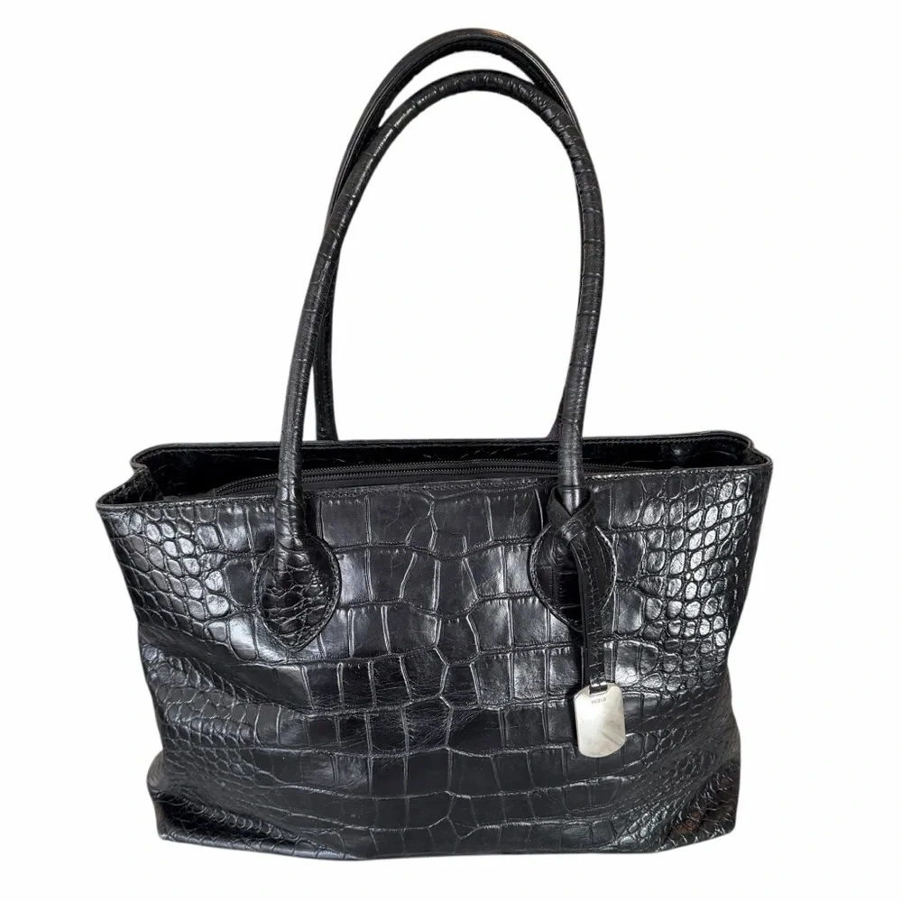 Furla Black Leather Crocodile Embossed Double Handle Satchel Bag
